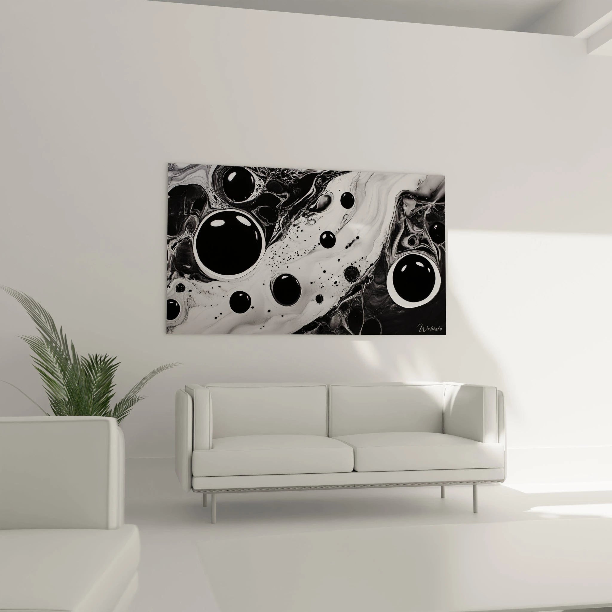 Tableau tacheté noir et blanc de Walensky avec motifs abstraits sur fond clair