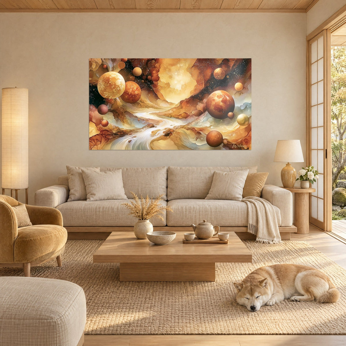 Tableau nébuleuse de sphères ocre et dorées, rivière laiteuse en méandres sur fond brun, Shiba couché au-dessus d'un canapé dans un salon lumineux