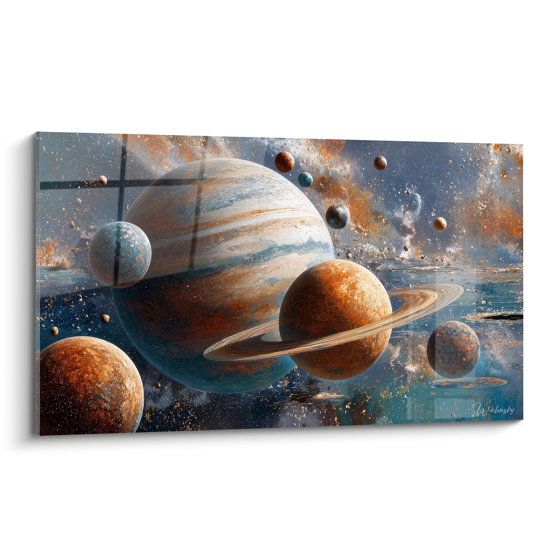 Wandgemälde Planeten Sonnensystem in kosmischen Farben mit Himmelskörpern und Satelliten in Umlaufbahn