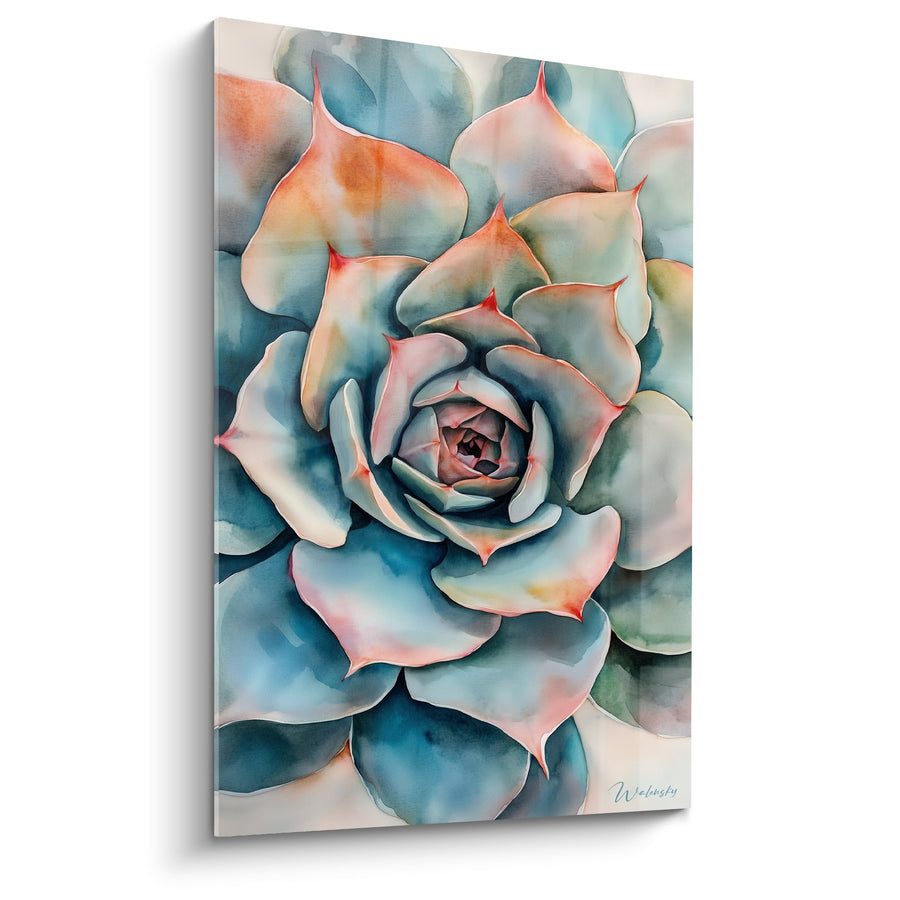 Tableau Plante Grasse Succulente aux Tons Turquoise et Corail - Rosette Éclatante - Edition Cubisme