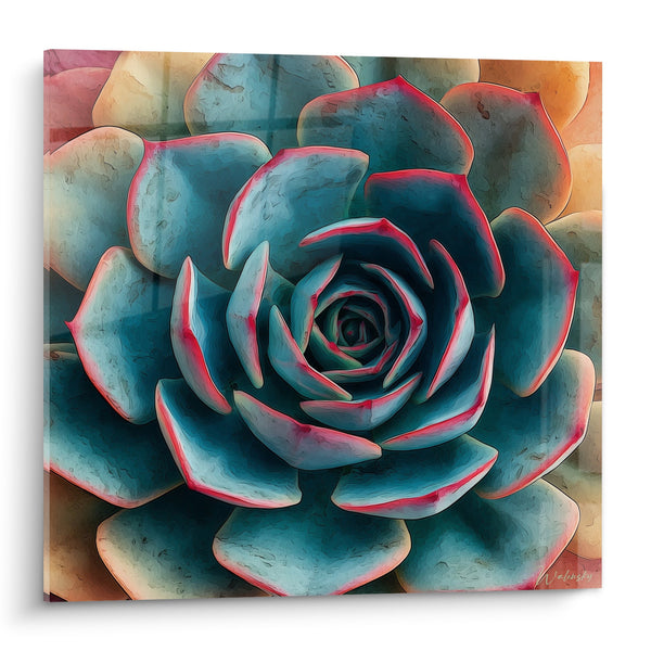Schilderij Succulent Turquoise met Roze Contouren - Geometrische Rozet - Kubisme Editie