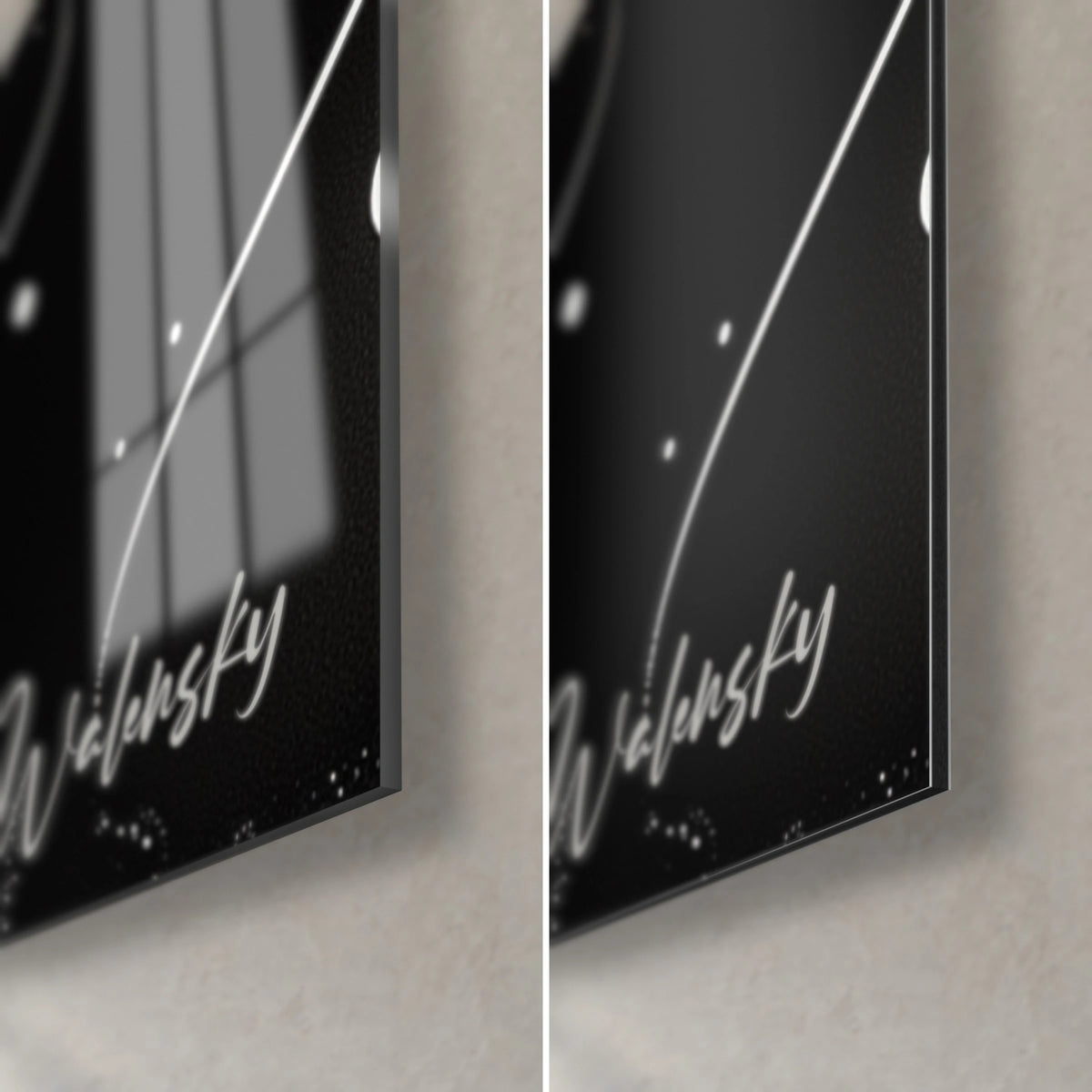 Wall art black and white abstract cosmos, bottom right corner: Walensky signature, glossy glass on the left, matte Dibond on the right