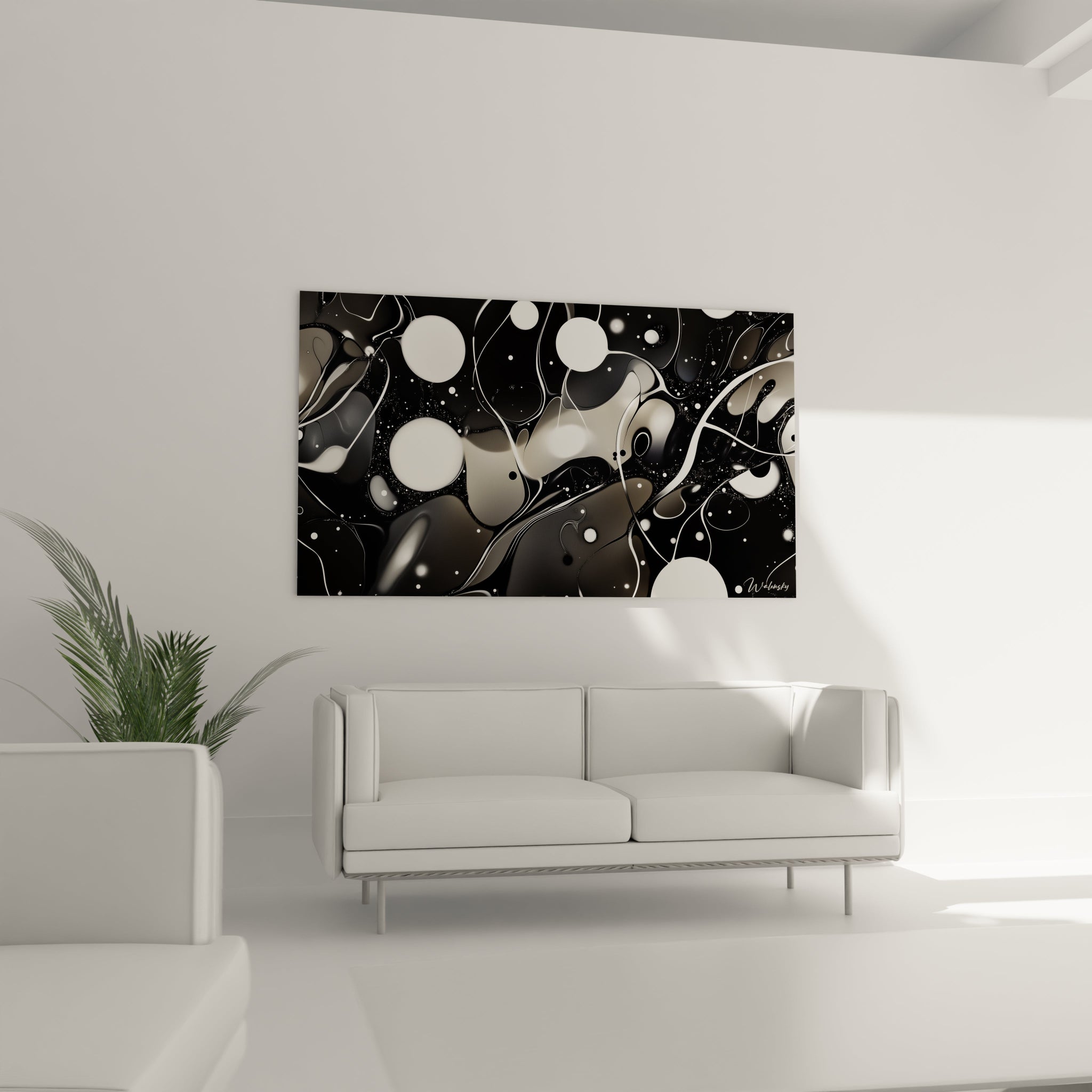 Tableau tacheté noir et blanc de Walensky avec des formes fluides pour une décoration moderne
