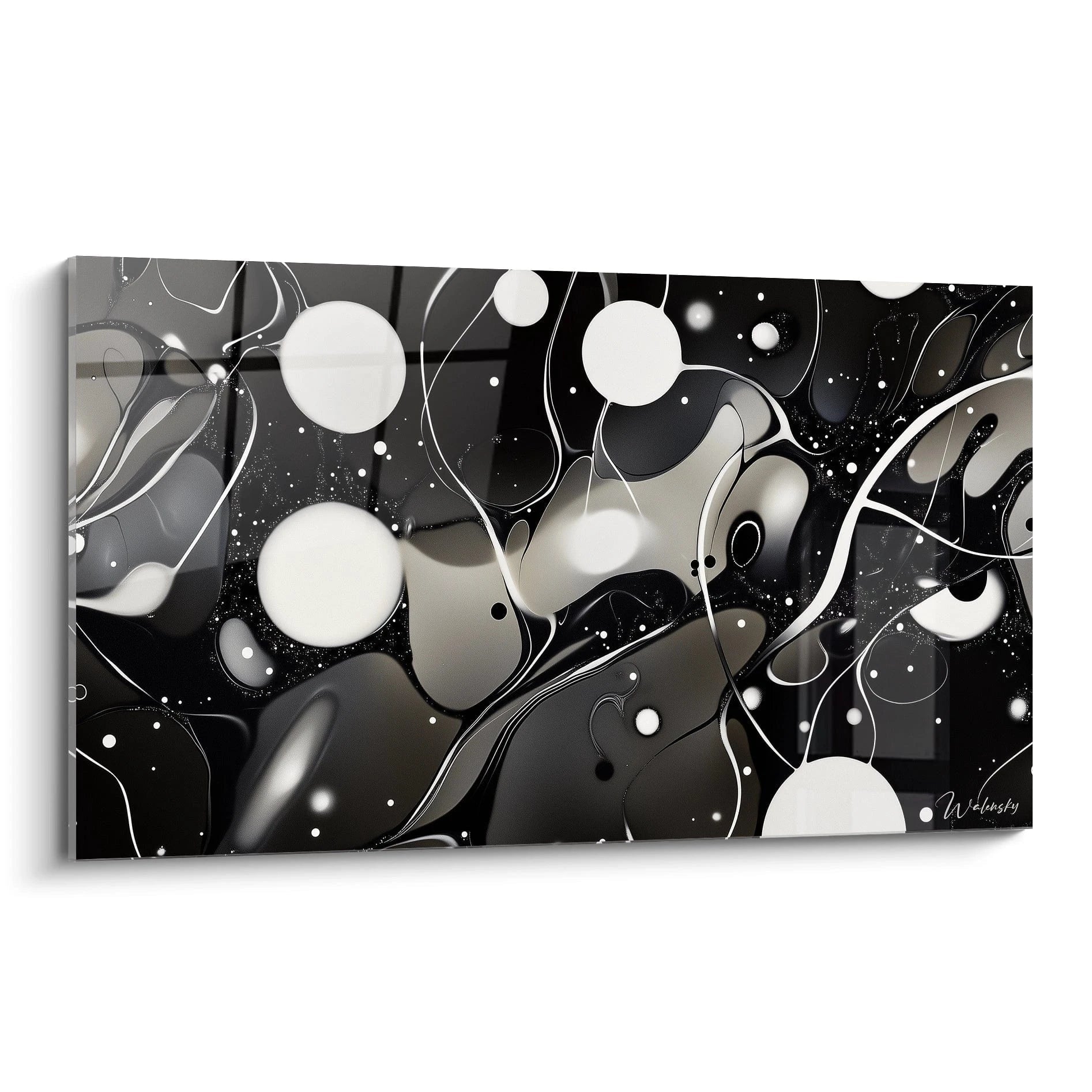 Tableau tacheté noir et blanc de Walensky avec des motifs abstraits et fluides pour une décoration moderne
