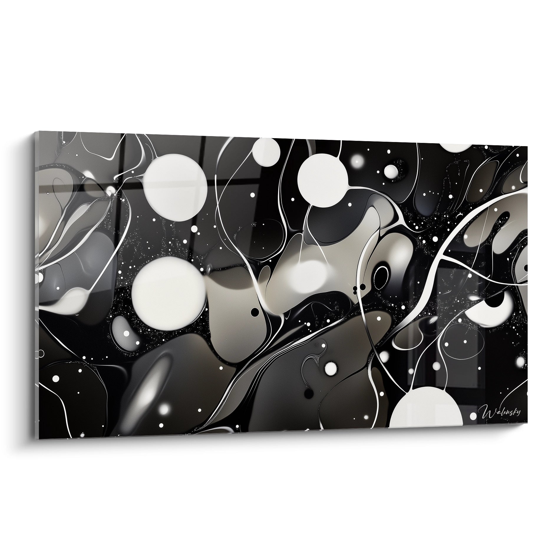 Tableau tacheté noir et blanc de Walensky avec des motifs abstraits et fluides pour une décoration moderne