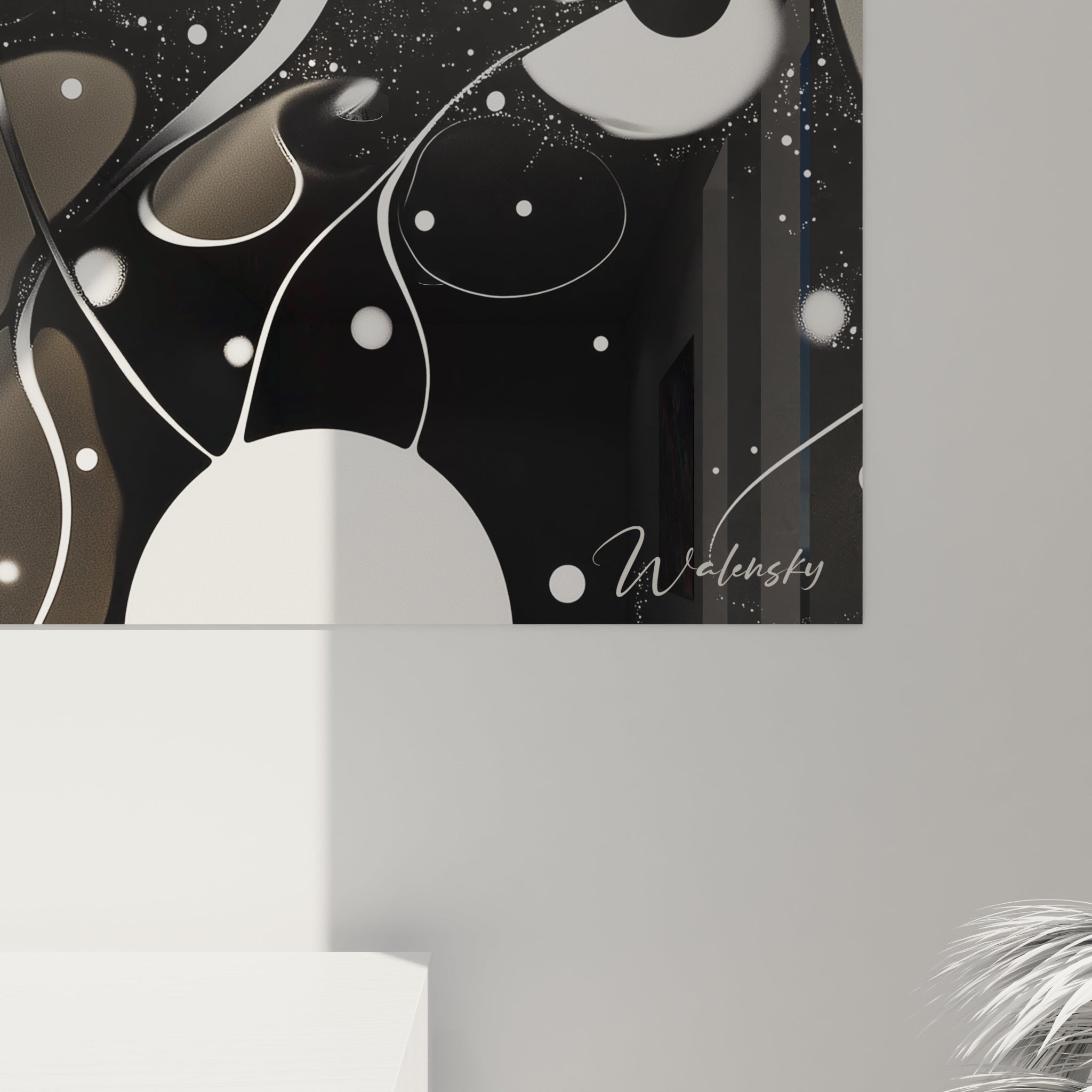 Tableau tacheté noir et blanc de Walensky avec motifs abstraits et textures intéressantes