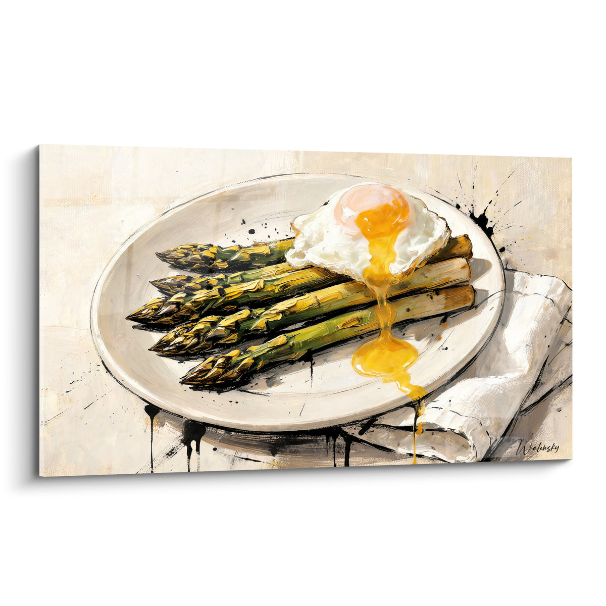 Quadro asparagi verdi e uovo al tegamino giallo dorato su piatto bianco, stile pittorico espressivo