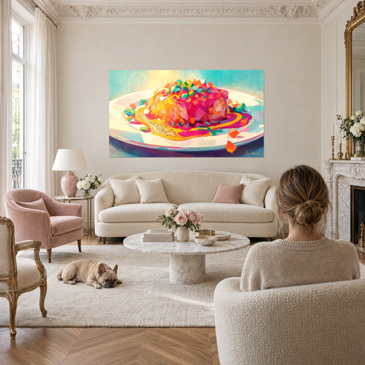 Tableau assiette gourmande en éclats rose fuchsia et jaune soleil, filet d'or, bulldog couché, au-dessus d'un canapé dans un salon lumineux
