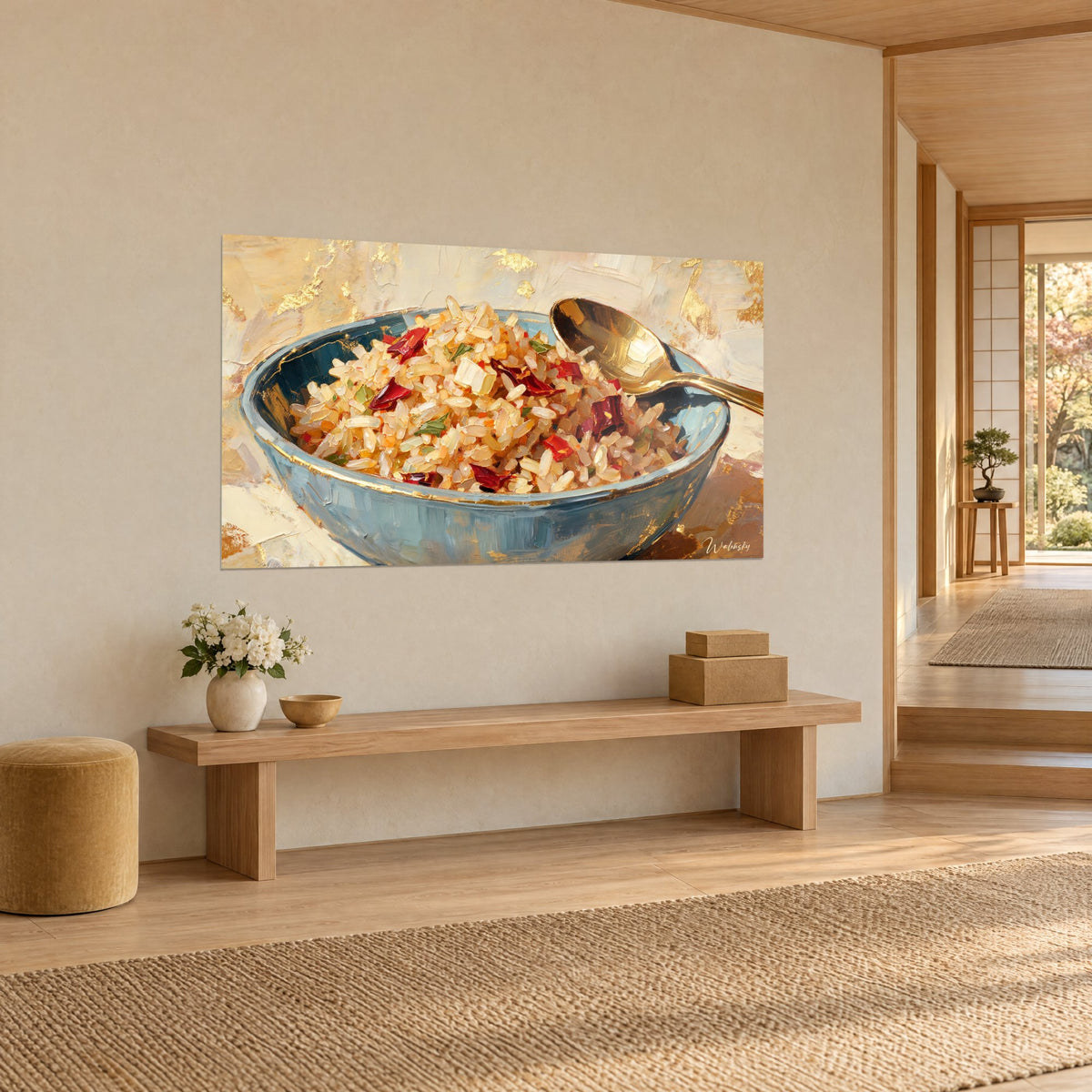Tableau riz pilaf aux éclats de piment écarlate dans une coupelle bleu ciel, fond crème et or, sur un mur de couloir japandi
