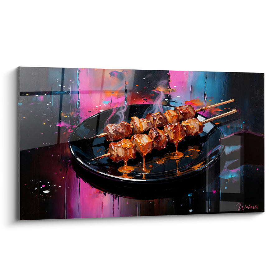 Tableau Brochettes caramélisées sur plat noir laqué - Festin nocturne - Edition Plat
