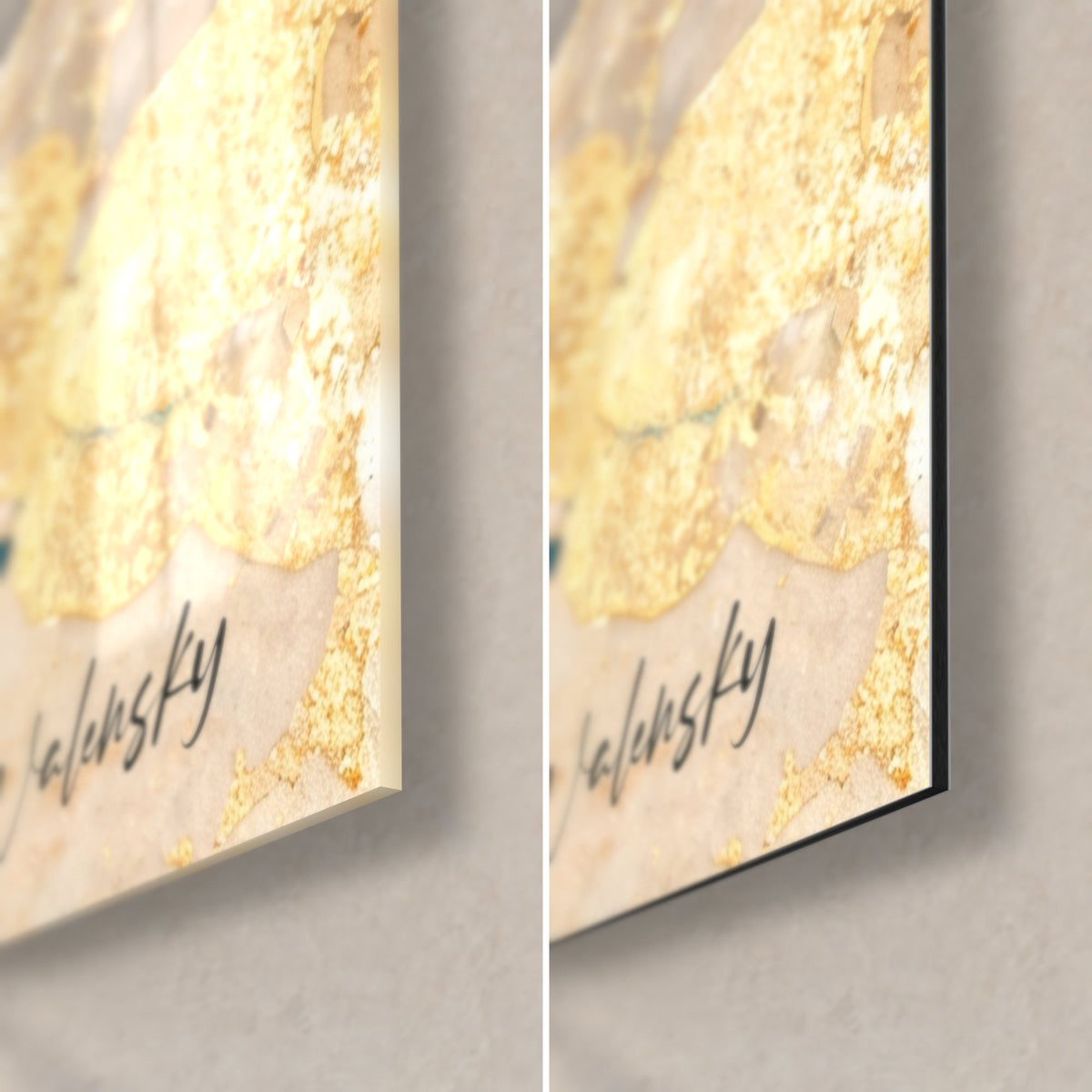 Tableau raviolis à la vapeur turquoise, coin bas droit : verre acrylique brillant à gauche, Dibond noir mat à droite, signature dorée