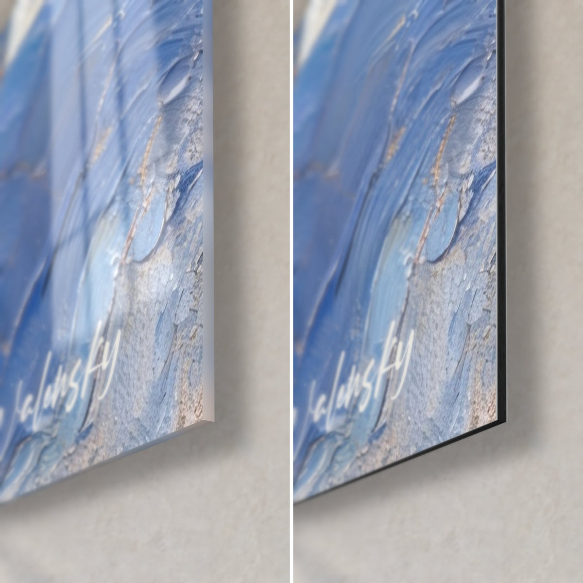 Tableau moules et crevettes à l'huile épaisse, coin bas droit : verre acrylique brillant bleu et blanc à gauche, Dibond mat à droite, tranche de 3 mm