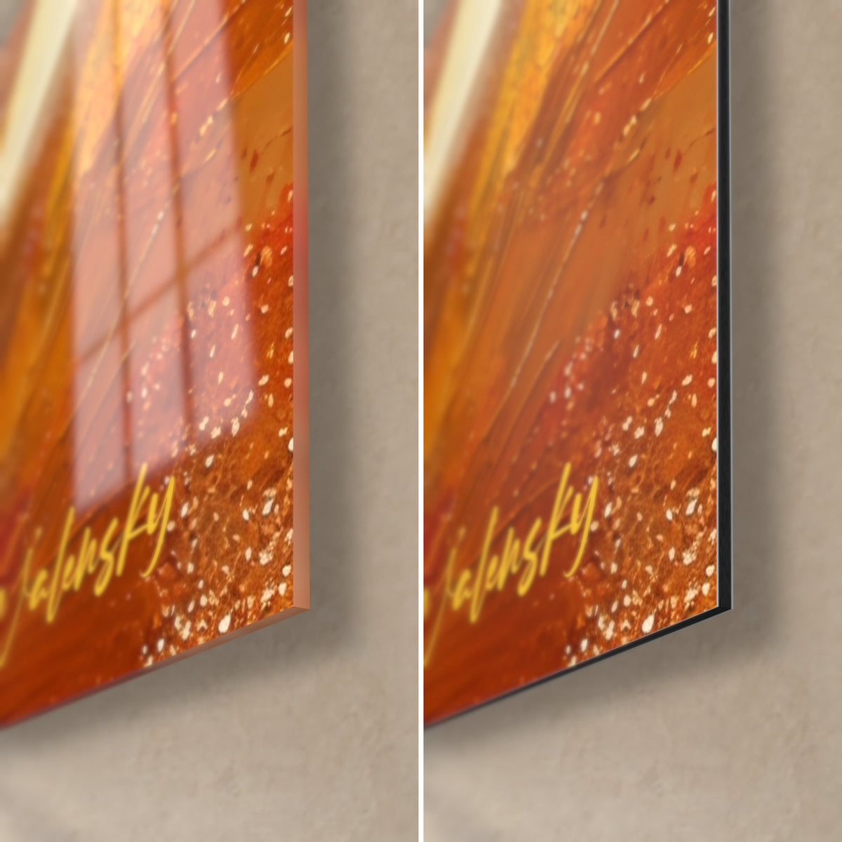 Tableau riz fumant en bol, coin bas droit : verre acrylique brillant orangé à gauche, Dibond mat à droite, tranche de 3 mm