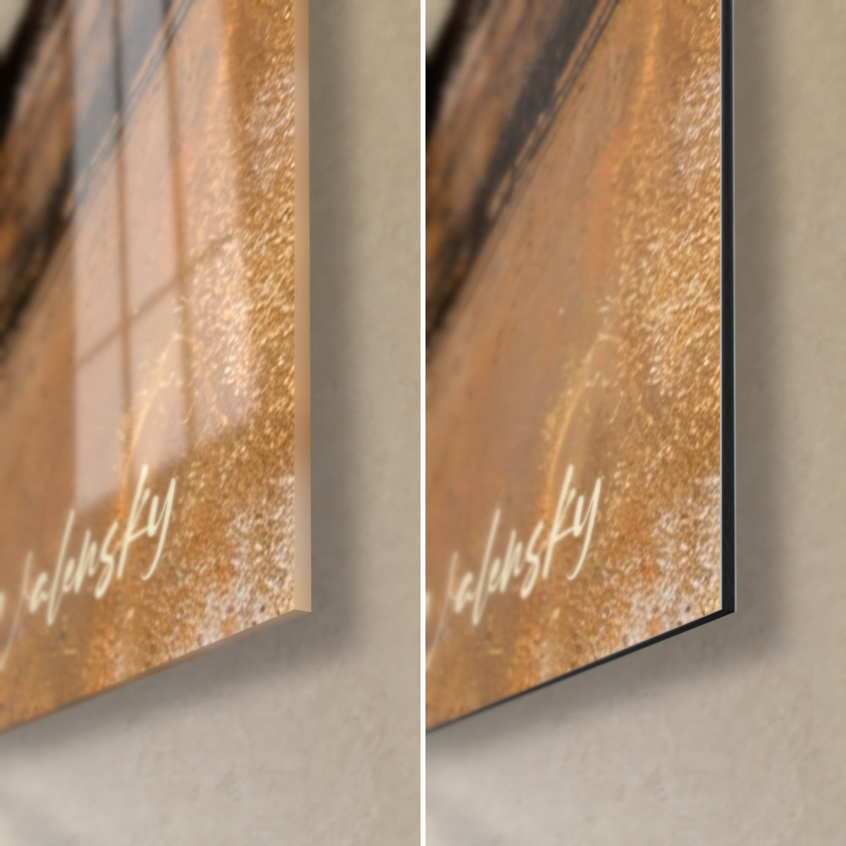 Tableau plat mijoté brun et or, coin bas droit en verre acrylique brillant à gauche, alu Dibond mat à droite, tranche de 3 mm visible