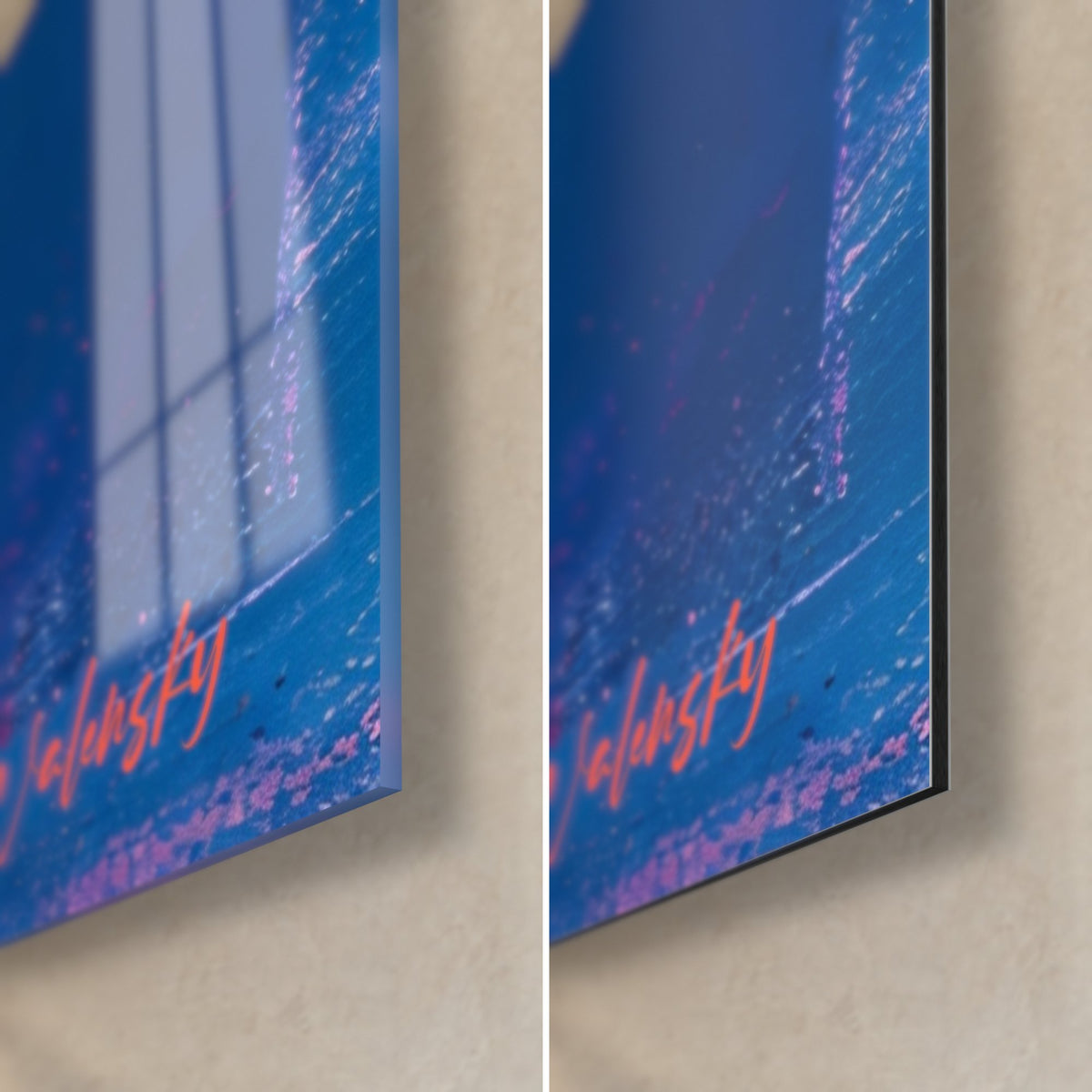 Tableau dessert glacé en peinture rose et bleue, coin bas droit : verre brillant aux reflets violets, Dibond noir mat, tranche de 3 mm