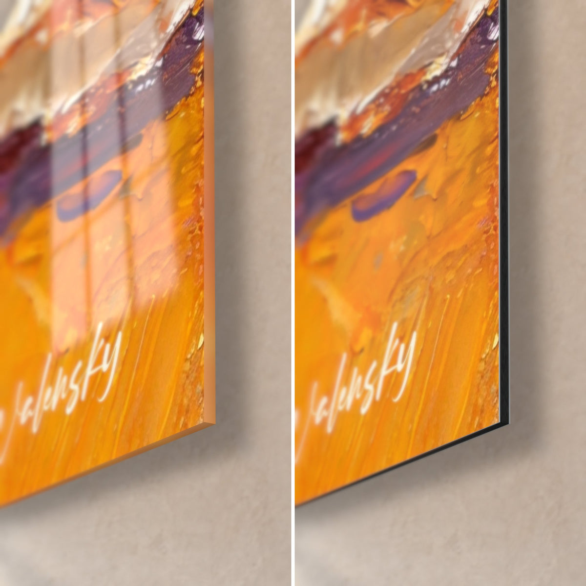 Tableau plat épicé en peinture à l'huile, coin bas droit : verre acrylique brillant orange et violet à gauche, Dibond mat noir à droite