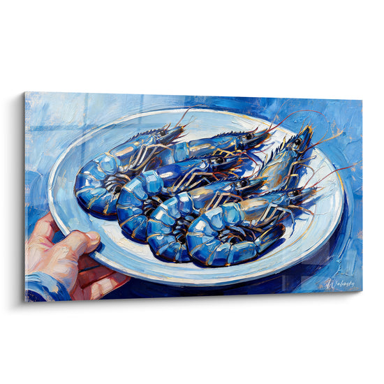 Tableau Crevettes bleues et dorées sur assiette blanche - Offrande marine - Edition Plat