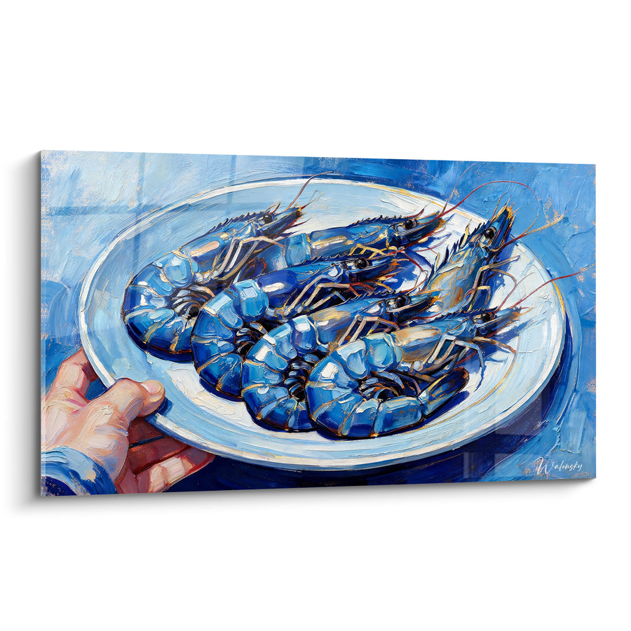 Tableau Crevettes bleues et dorées sur assiette blanche - Offrande marine - Edition Plat