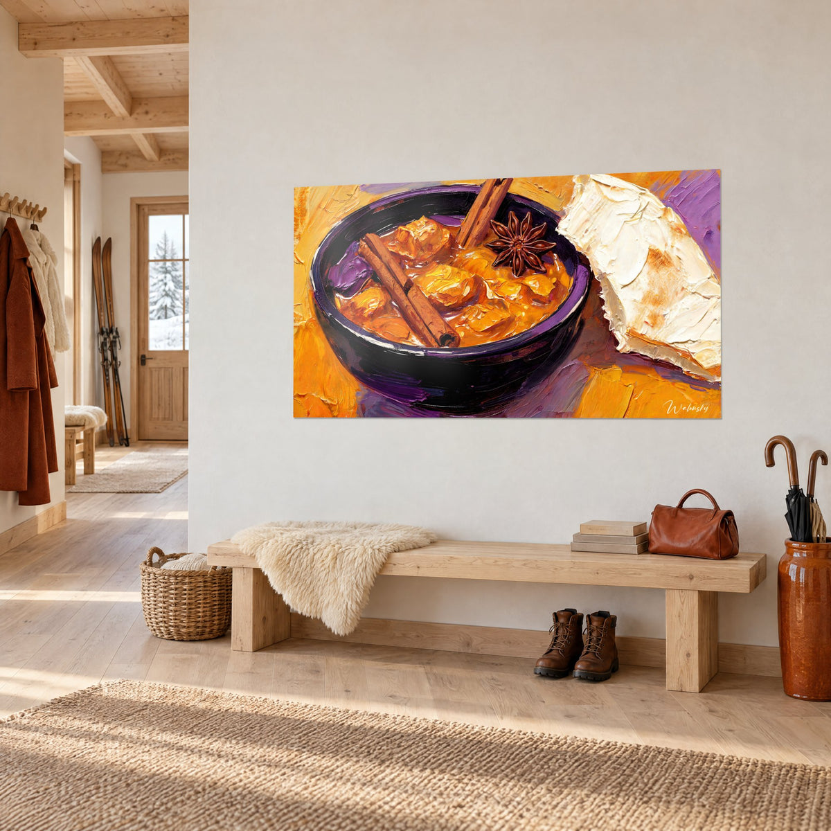 Tableau bol de curry mijoté, morceaux dorés sous un bâton de cannelle, galette crème en relief, orange et violet, vue de trois-quarts, banc en bois