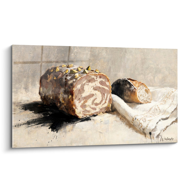 Tableau Galantine crème et bronze sur linge brodé - Pause gourmande - Edition Plat