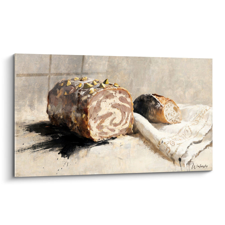 Quadro Piatto Galantina Crema e Bronzo su Lino Ricamato - Pausa Gourmet - Edizione Piatto