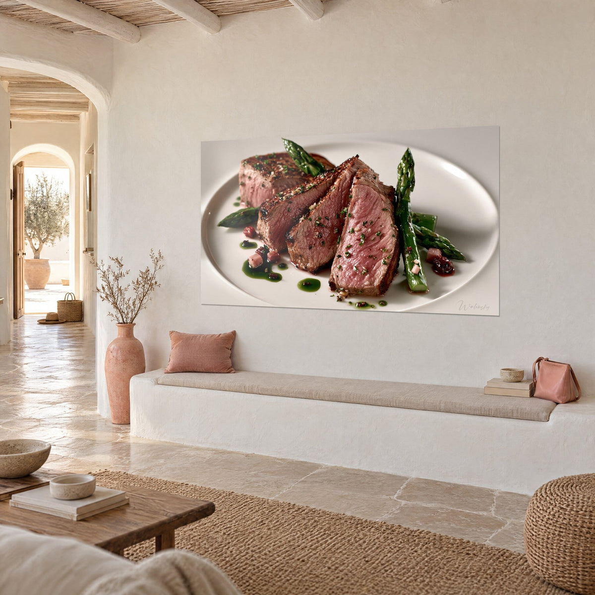 Wall art slices of beef with a rosy heart, brown crust and red bacon bits, cream wall of a Mediterranean home in three-quarter view