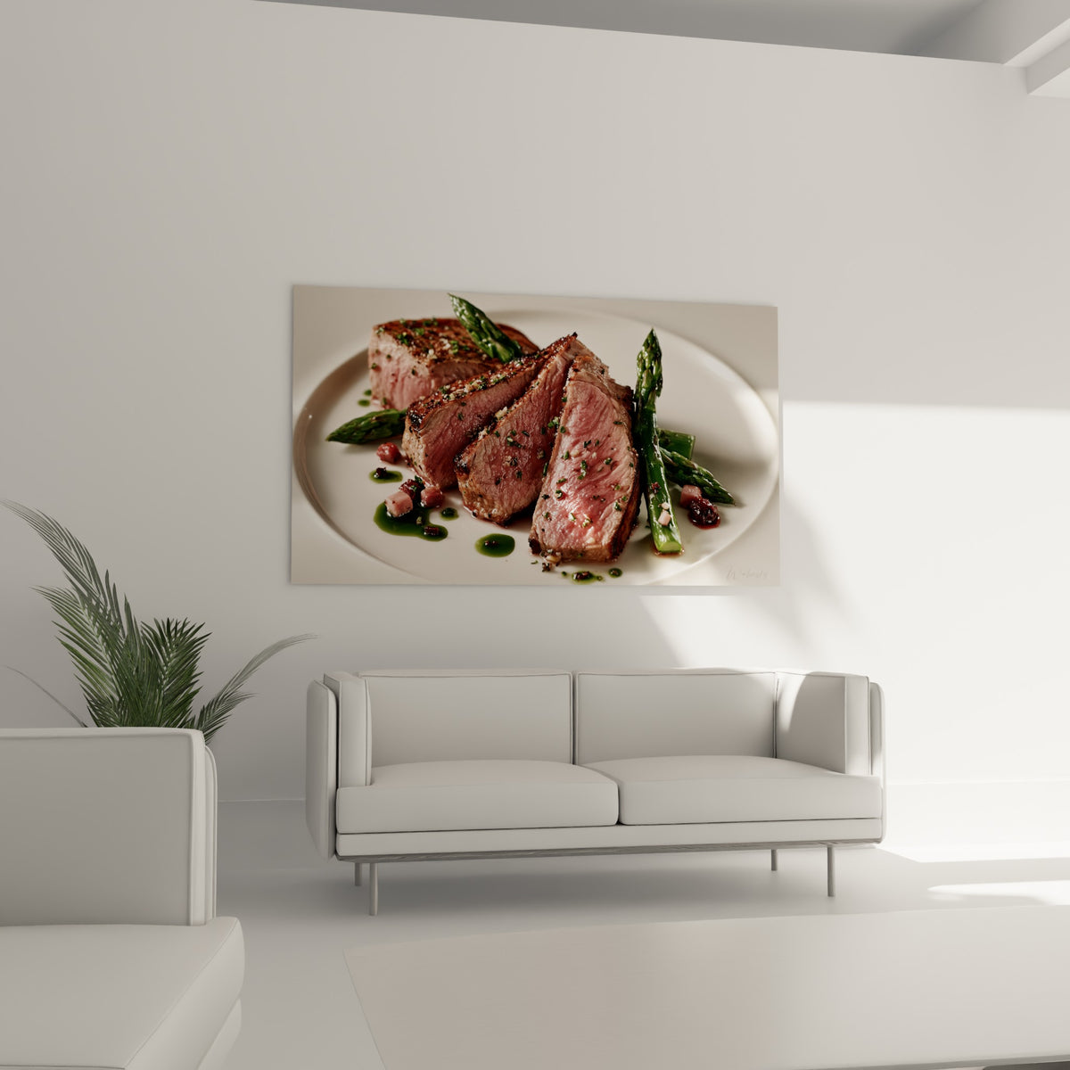 Assiette gastronomique rosée et verte disposée au-dessus d'un canapé dans un salon lumineux
