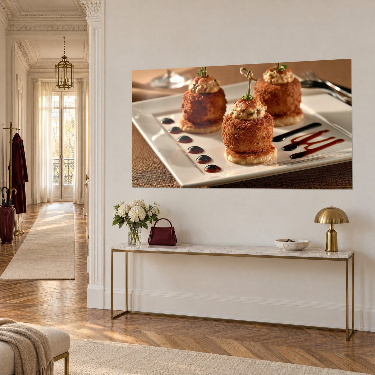 Wall art crispy amber bites crowned with cream, fresh thyme, ivory plate, gilded console and white roses, three-quarter view