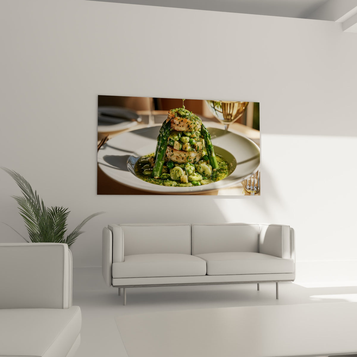 Composition raffinée vert émeraude et beige de fèves et asperges, au-dessus d'un canapé dans un salon lumineux