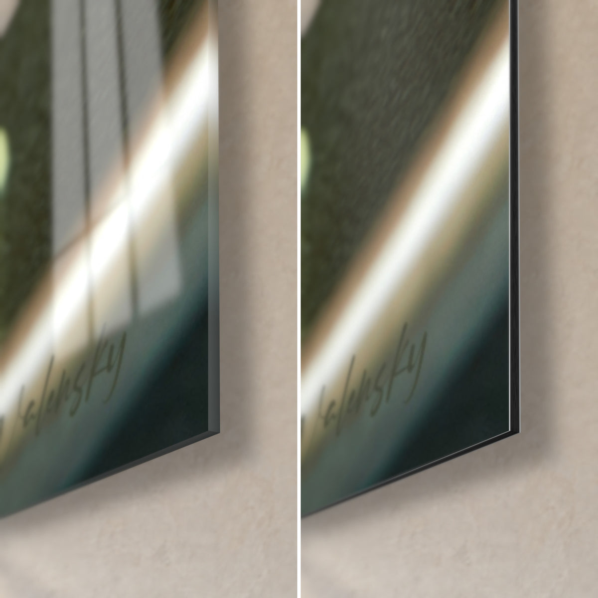 Tableau cylindre de crevettes aux herbes, coin bas droit : verre brillant à reflets, Dibond mat noir, tranche de 3 mm