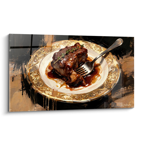 Tableau Joue braisée brune et dorée au brin de thym - Assiette à liseré ouvragé - Edition Plat
