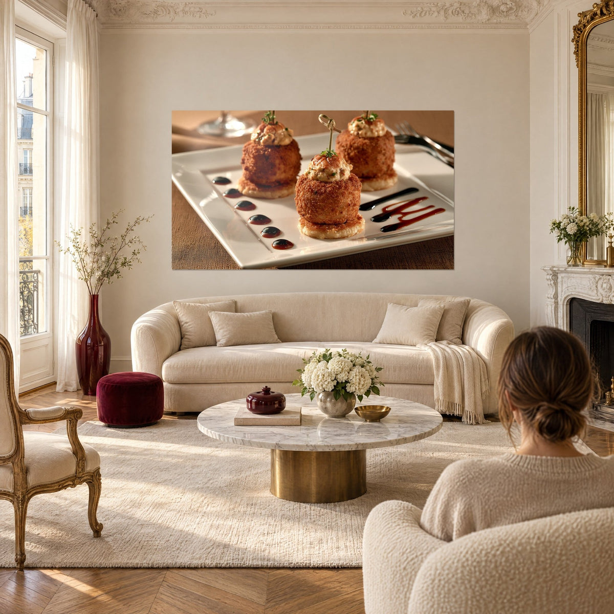 Wall art three golden breaded croquettes on a white plate, brown balsamic sauce, woman seen from behind, above a sofa in a bright living room