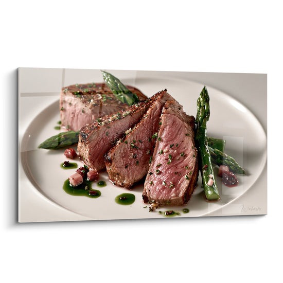 Tableau Viande rosée tranchée aux asperges vertes - Coulis d'herbes et lardons - Edition Plat gastronomique