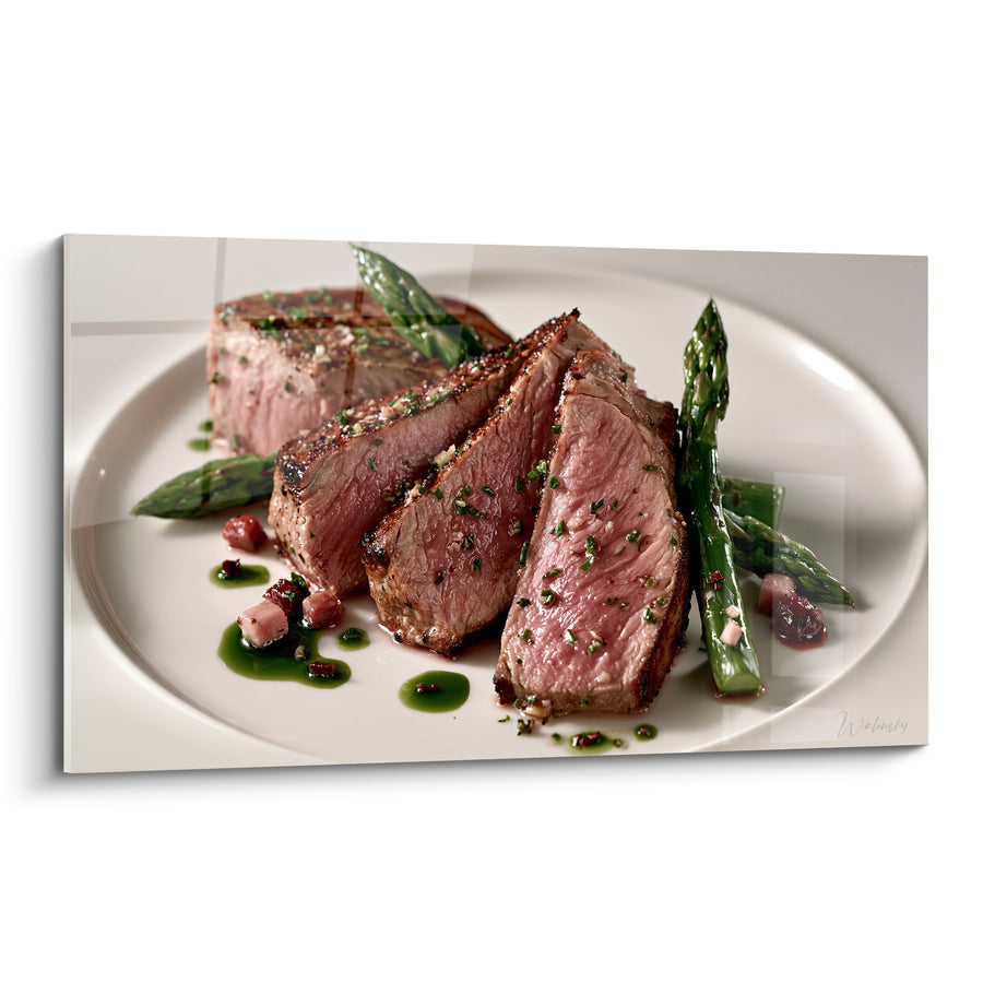 Tableau Viande rosée tranchée aux asperges vertes - Coulis d'herbes et lardons - Edition Plat gastronomique