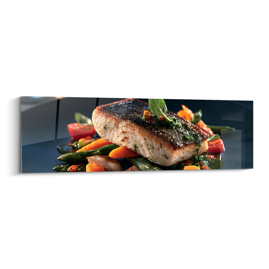Tableau Filet de poisson noir et orangé grillé - Tomates cerises et asperges - Edition Plat gastronomique
