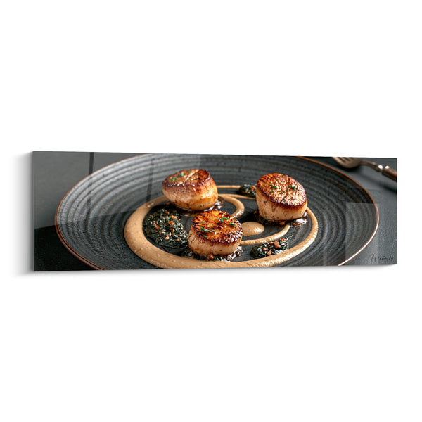 Tableau Noix de Saint-Jacques dorées sur assiette anthracite - Précision du chef - Edition Plat gastronomique