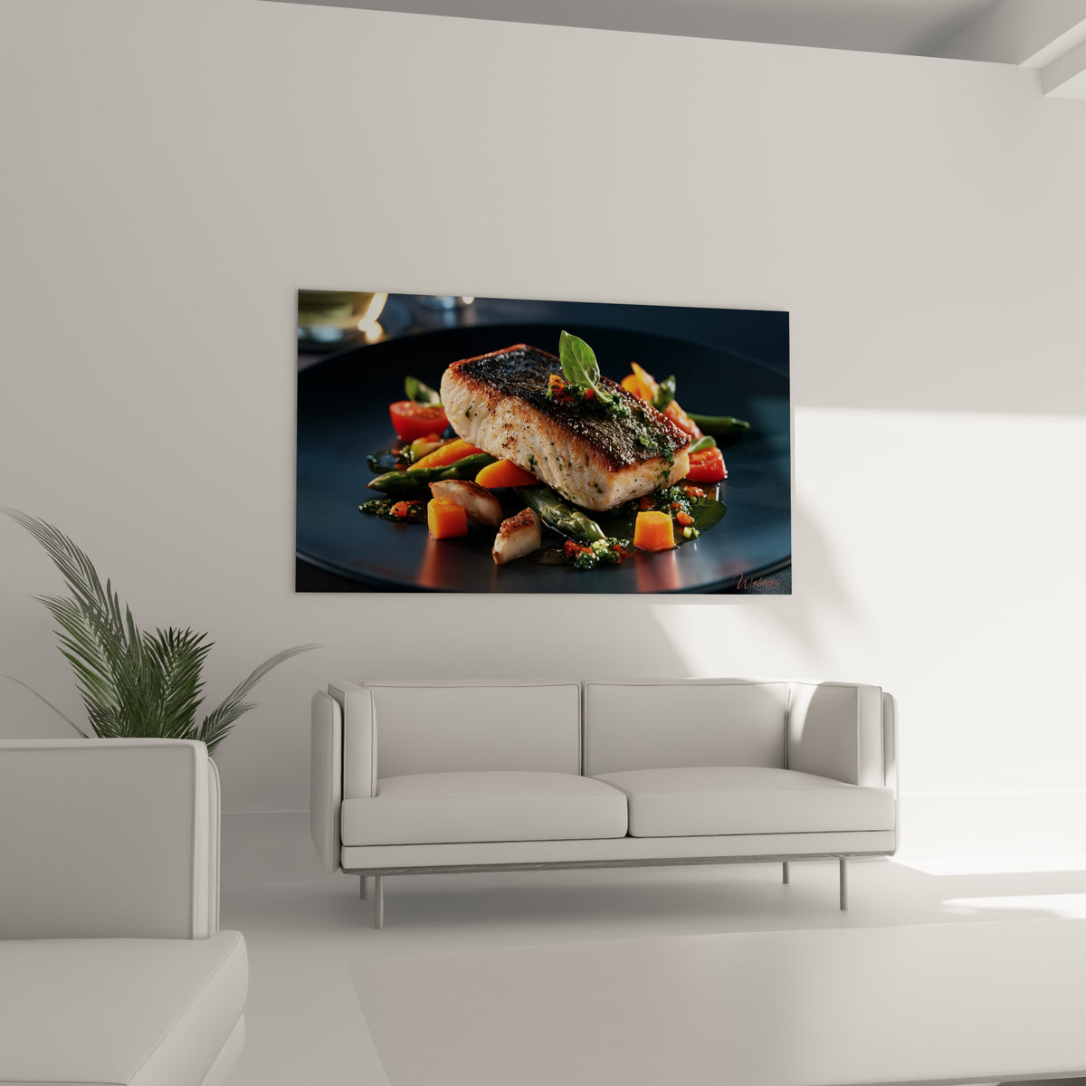 Composition culinaire terracotta et anthracite au-dessus d'un canapé dans un salon lumineux