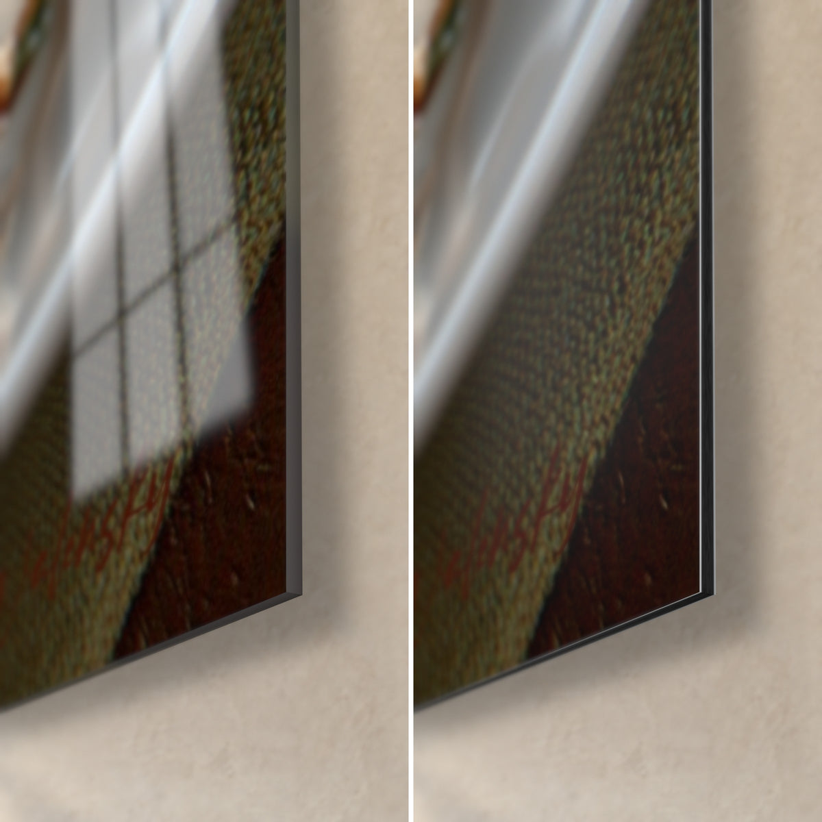 Tableau rôti de porc doré farci aux noisettes, coin bas droit : verre acrylique brillant à reflets, Dibond noir mat, tranche 3 mm