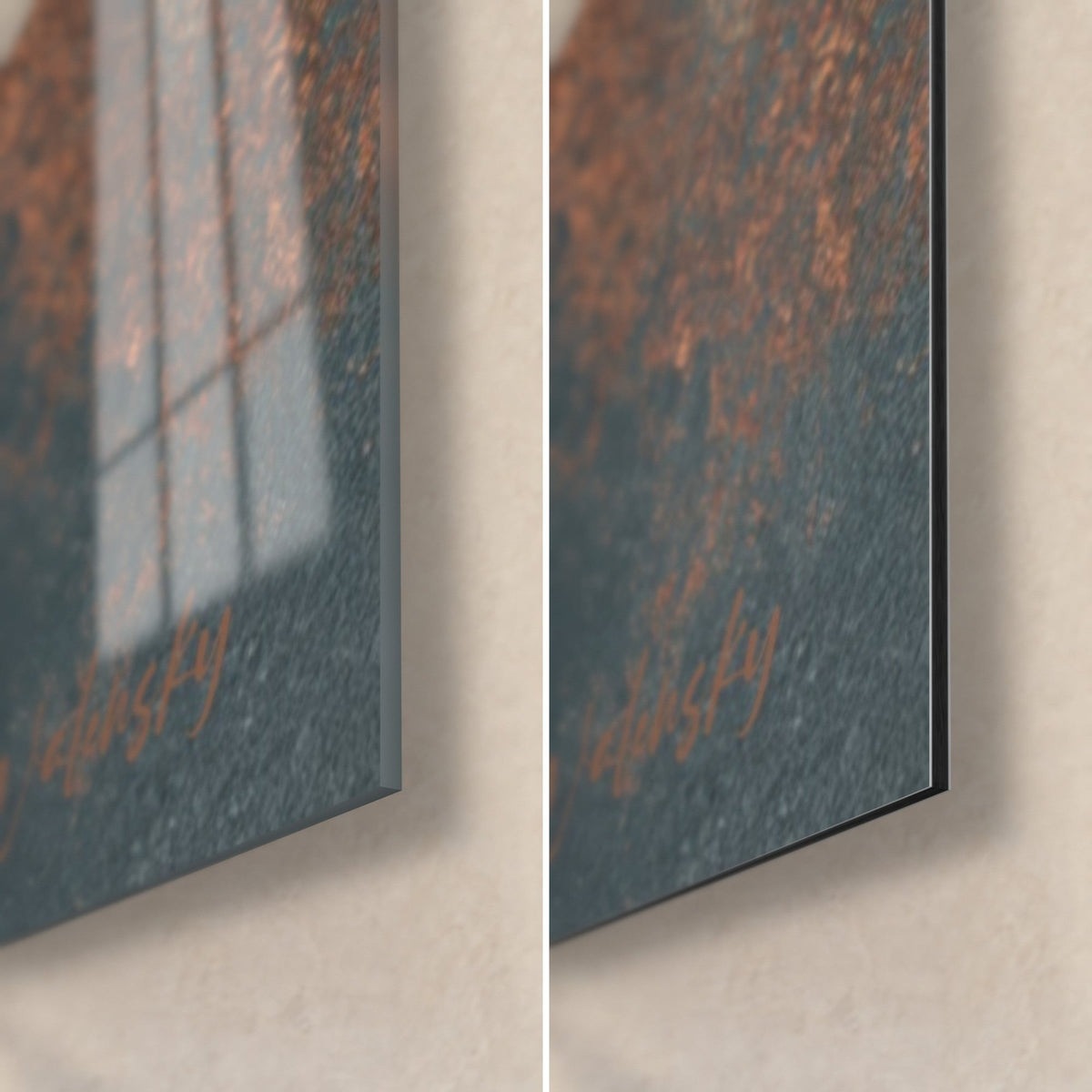 Gemälde mit glasiertem Lachs auf verrostetem anthrazitfarbenem Hintergrund, untere rechte Ecke, glänzendes Acrylglas mit Reflexen, mattes Dibond-Alu, 3 mm Stärke