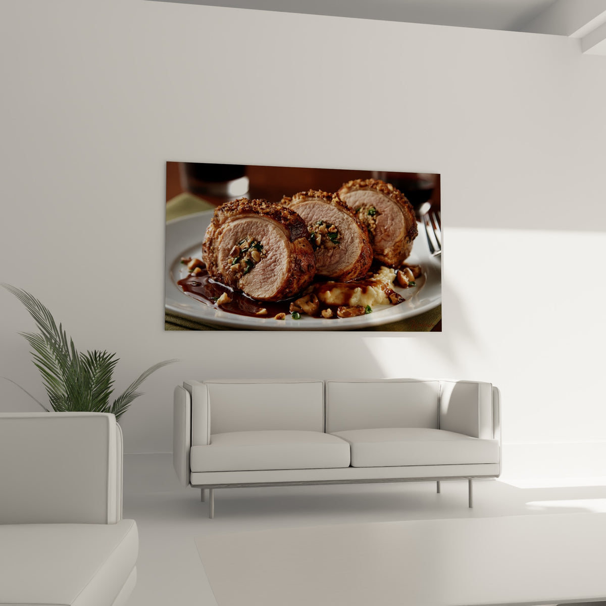 Filet mignon roulé brun et vert accroché au-dessus d'un canapé dans un salon lumineux