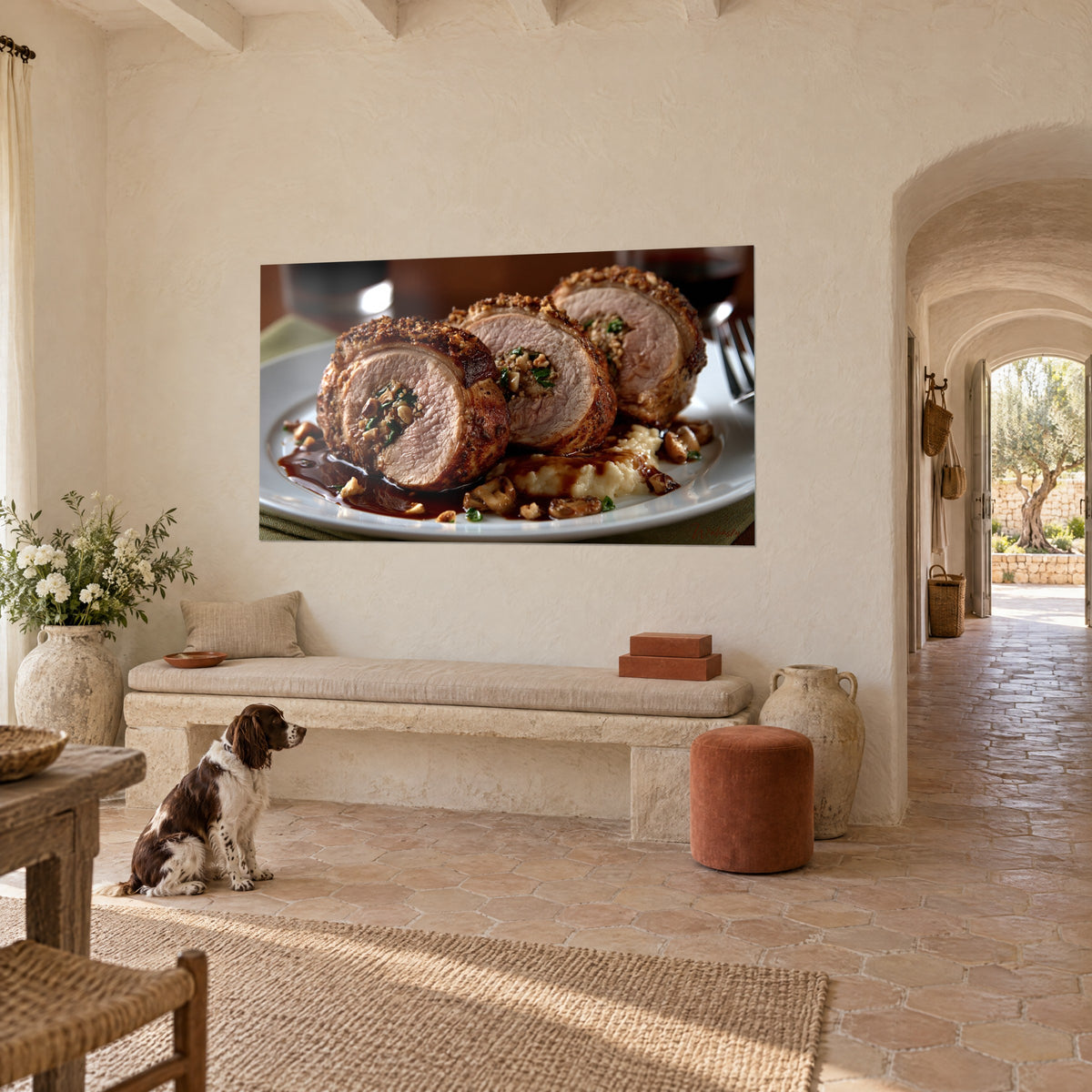 Tableau médaillons de porc farcis aux herbes, purée crémeuse beige et sauce acajou, spaniel assis, mas provençal en pierre
