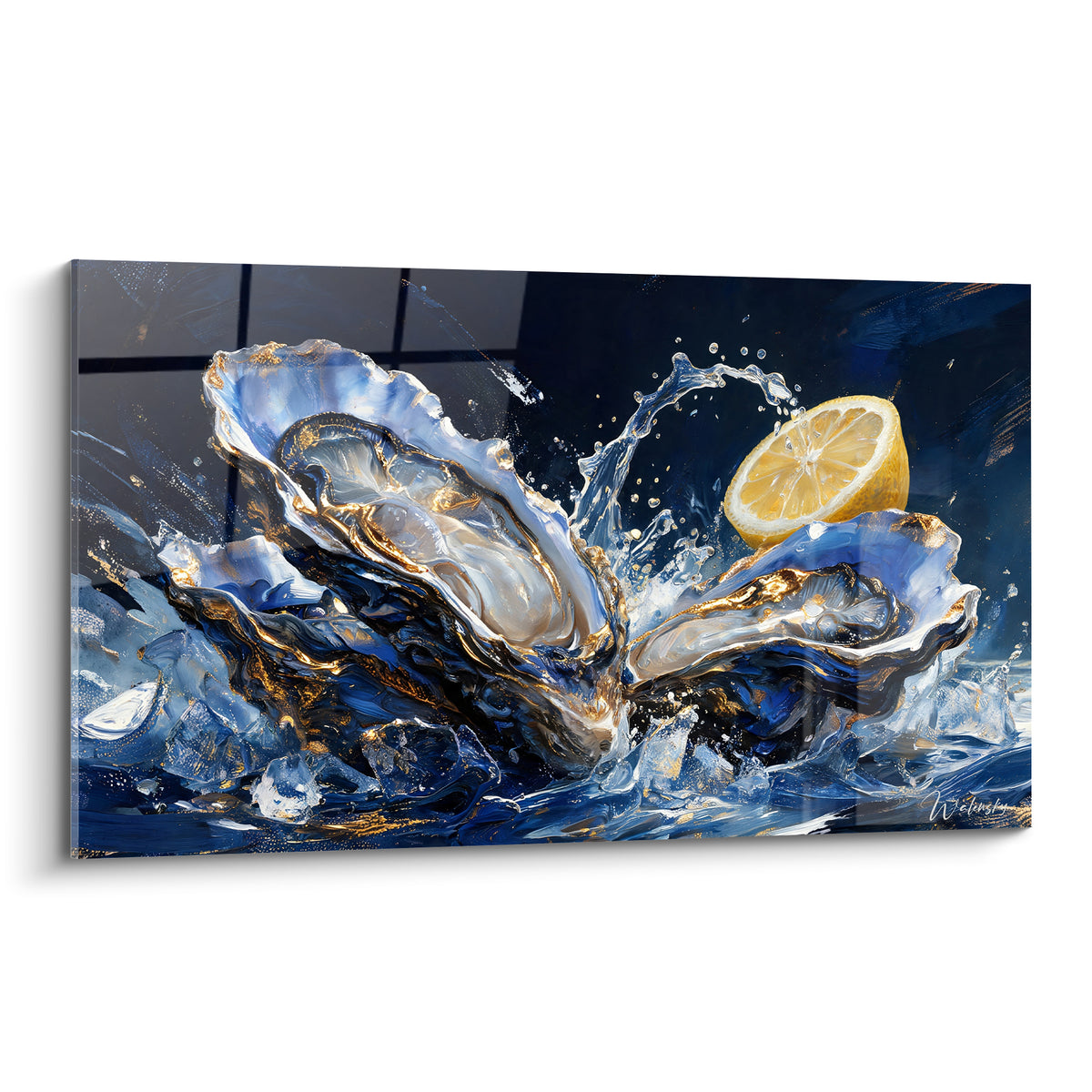 Tableau huîtres bleu nuit et doré éclaboussées d'eau avec un citron jaune vif