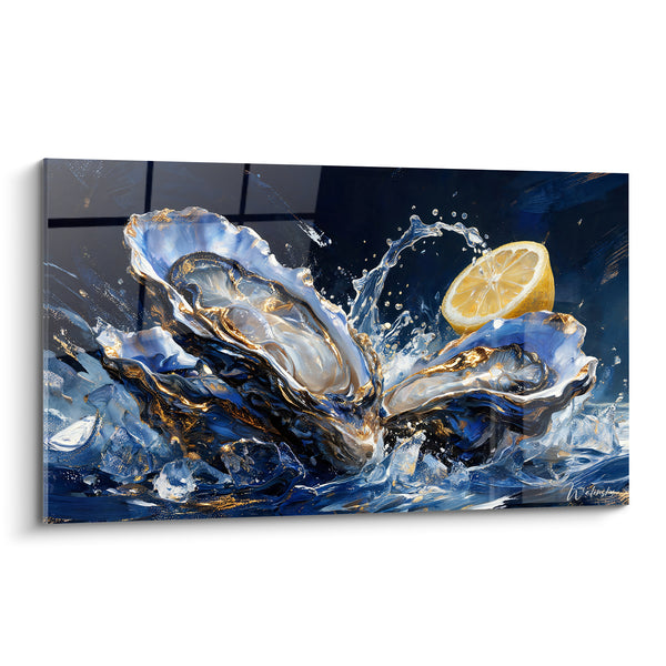 Tableau Huîtres ouvertes bleu nuit et doré avec citron - Éclaboussure marine - Edition Plat