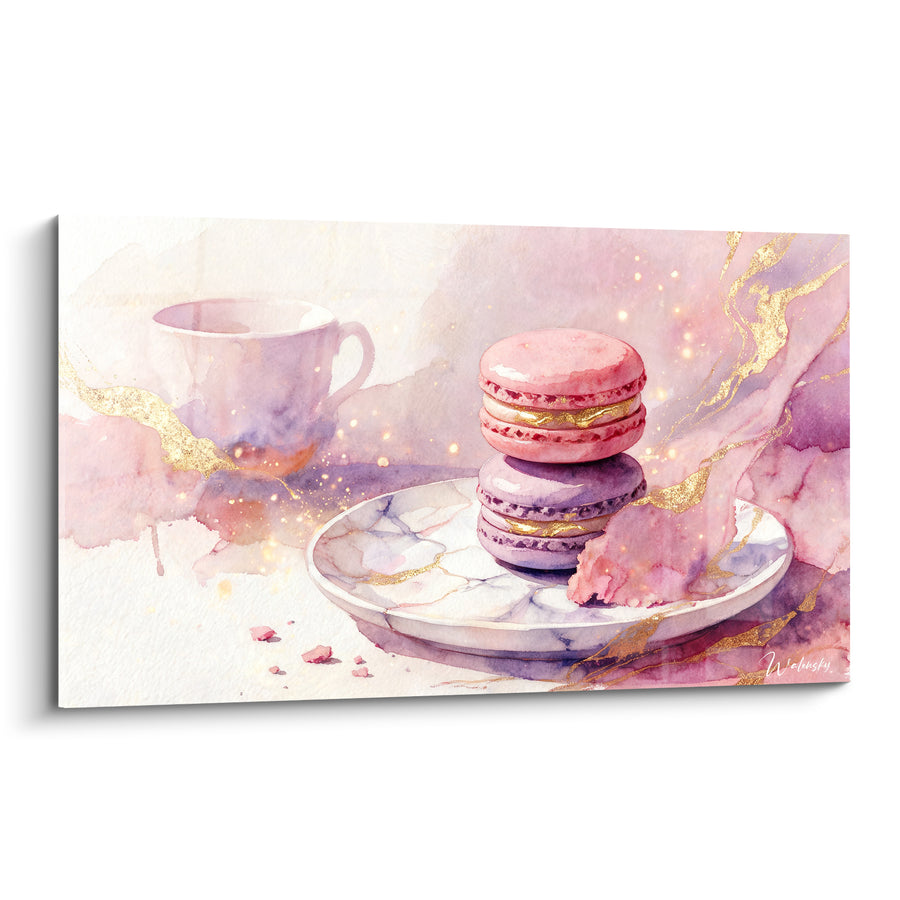 Quadro Macarons rosa e viola impilati dorati - Tazza ad acquerello - Edizione Piatto