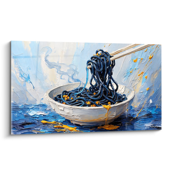 Tableau Nouilles bleu nuit et dorées à la vapeur montante - Baguettes en bois clair - Edition Plat