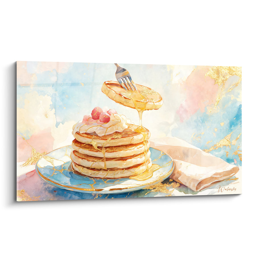 Tableau Pancakes dorés aux framboises roses et miel - Douceur du matin - Edition Plat