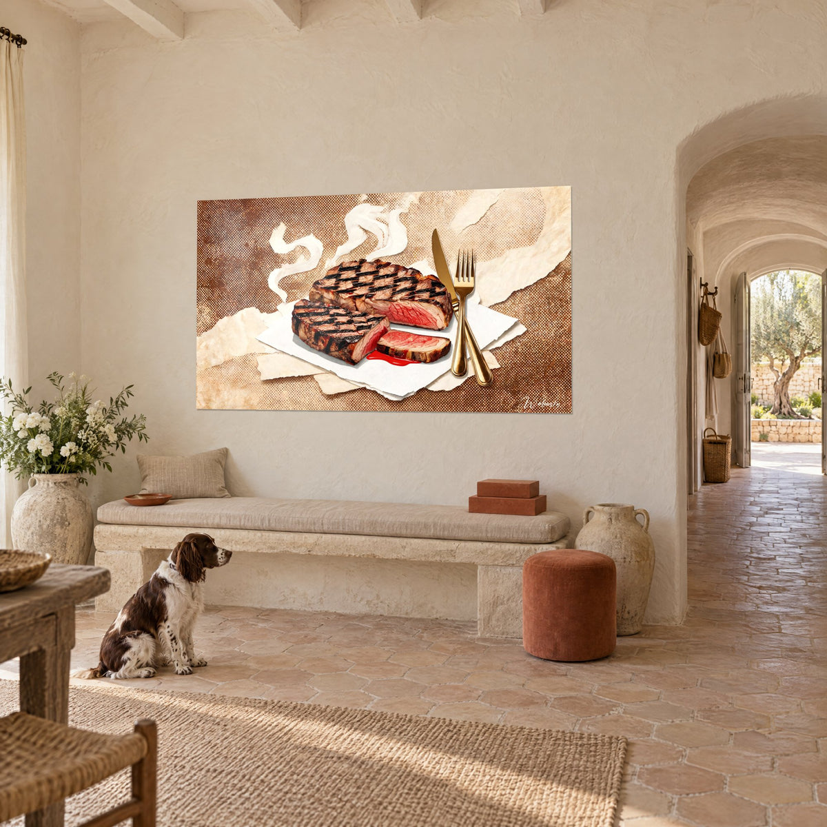 Tableau pavé de bœuf rôti aux stries sombres, fumée crème et fourchette dorée sur fond roux, au mur d'un mas provençal