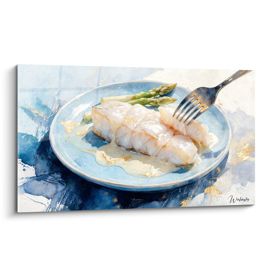 Tableau Poisson blanc et bleu sauce crémeuse - Fourchette argentée et asperges - Edition Plat