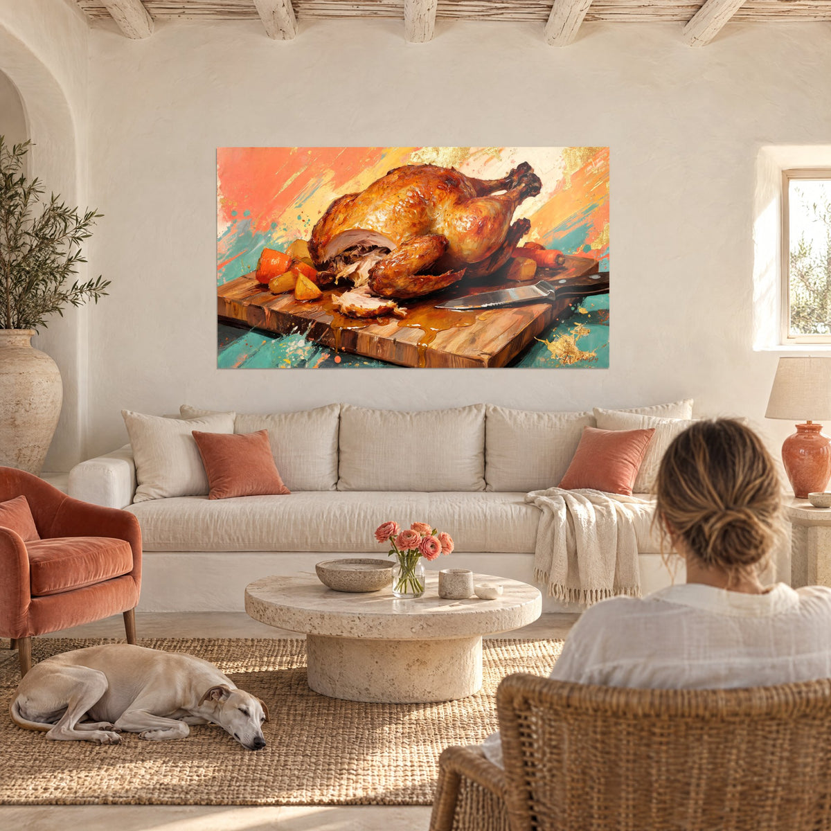 Tableau poulet rôti laqué orange et miel sur planche en bois, éclats dorés, au-dessus d'un canapé dans un salon lumineux