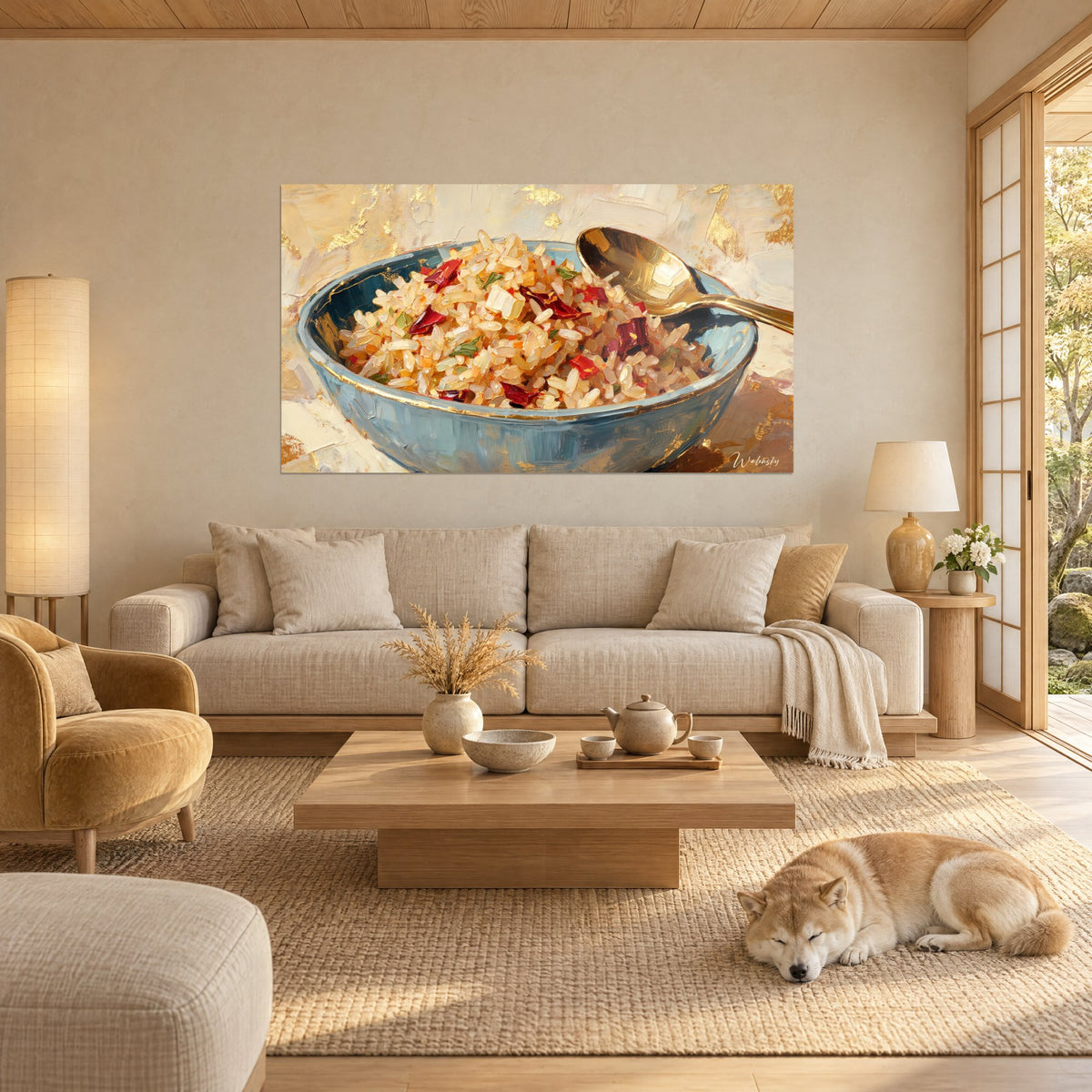 Tableau bol de riz doré et piments rouges, cuillère en laiton, bleu givré, Shiba endormi, au-dessus d'un canapé dans un salon lumineux